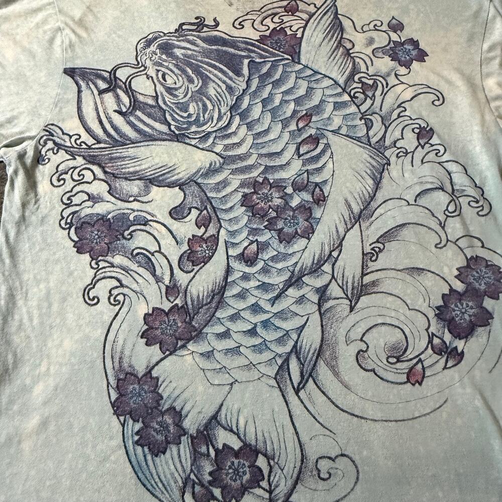 WORK Carp Koi Fish T-Shirt Men Blue White Japan Japanese Tattoo Yakuza V-Neck L - Picture 6 of 11